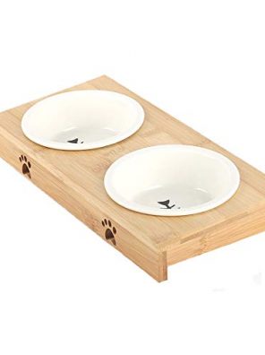 Cat Dog Bowls Feeder with Bamboo Stand