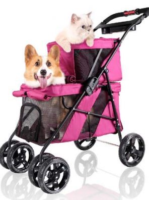 Double Pet Strollers for Dogs and Cats, 4 Wheel