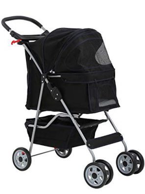 Cats Pet Stroller Folding Carrier with Cup Holders and Storage Basket