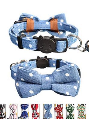 THAIN Cat Collar Breakaway with Bell and Bow Tie Safety Buckle with Name Tag Denim Dots Adjustable 7-11 inches for Kitten Cats(Denim Dots)