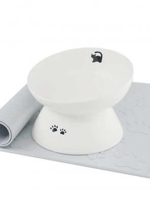 immaculife Ceramic Raised Cat Food Bowl with Anti-Slip Mat