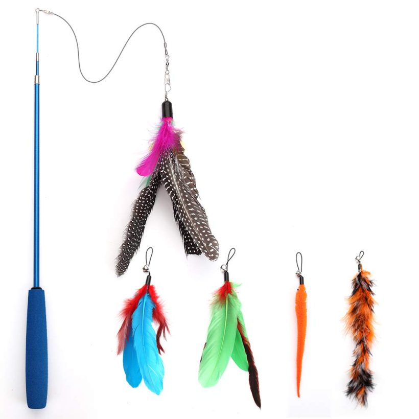 Retractable Cat Feather Toy Wand with 5 Assorted Teaser with Bell Refills