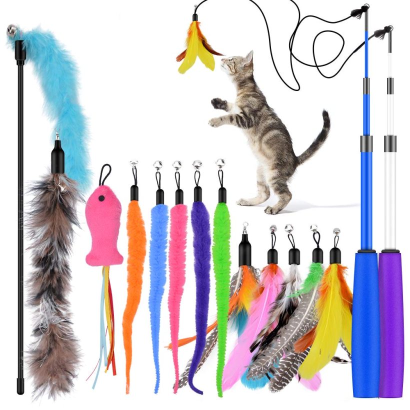 Cat Toy Feather Wand Teaser Set for Indoor Cat and Kitten Exercise