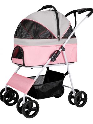 Cats Pet Stroller Easy Fold with Removable Liner, Storage Basket
