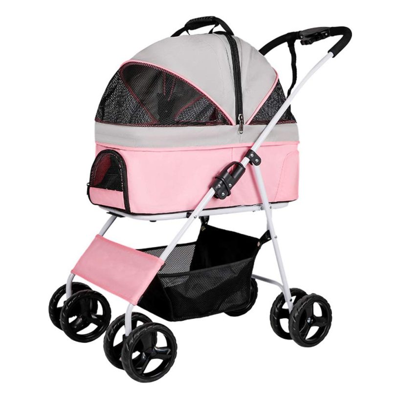 Cats Pet Stroller Easy Fold with Removable Liner, Storage Basket