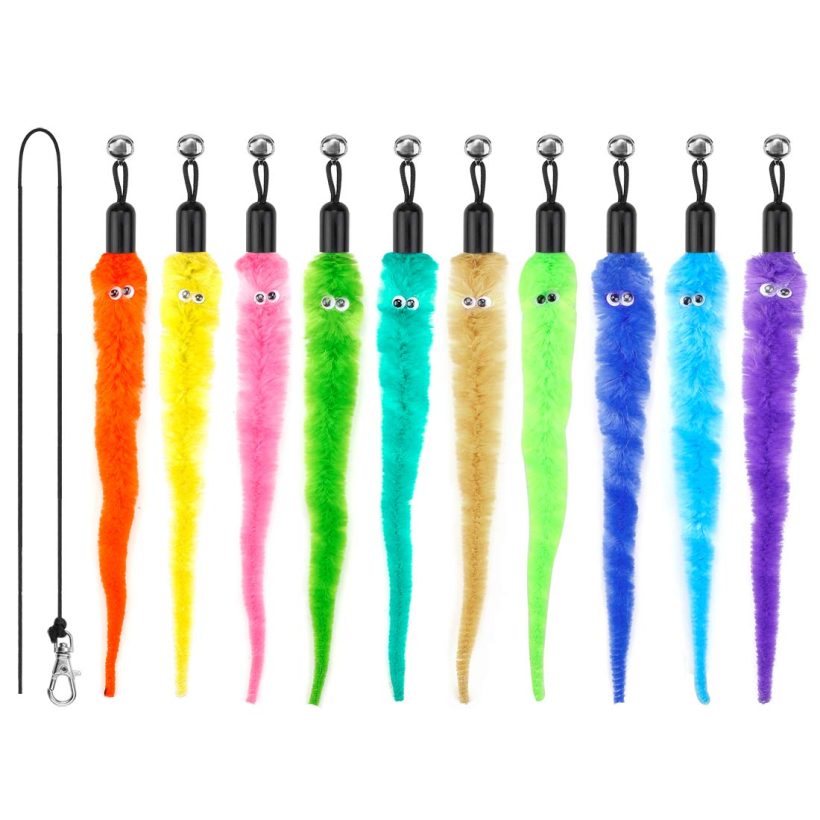 Cat Feather Toys Attachment Replacements, 10PCS Squiggly Worm Toy Refills and 1PC Substitute Black String