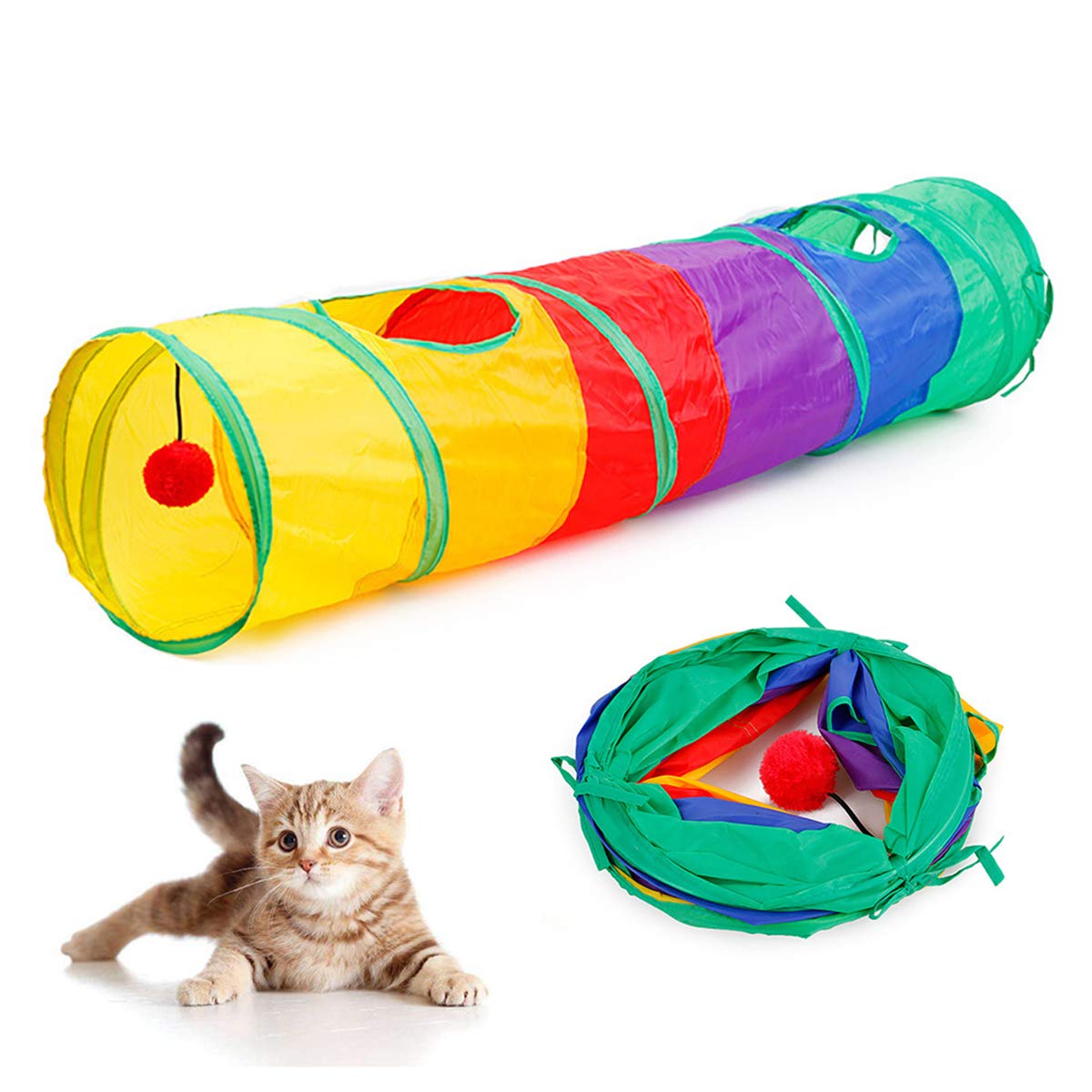 Cat Tunnel with Plush Ball Foldable Rainbow S-Tunnel for Indoor Cat