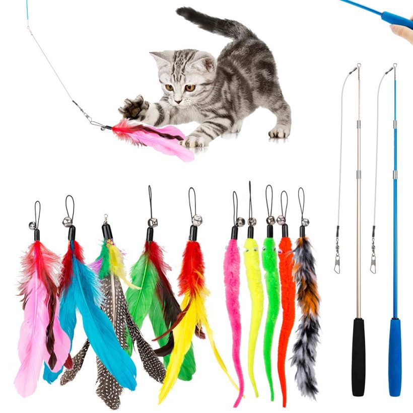 Feather Teaser Cat Toy Retractable Cat Wand Toys and 10PCS Replacement Teaser