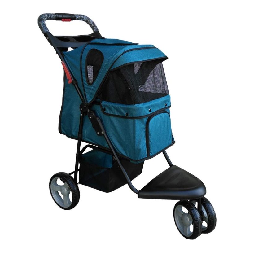 3-Wheel Cat Stroller with Removable Liner and Storage Basket