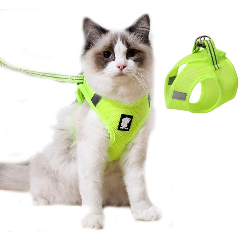 Cat Harness and Leash, Reflective Escape Proof Kitten Harness Adjustable Breathable Mesh Padded Vest Harnesses, Universal Cat Leash and Harness for Cats Outdoor Walking (Yellow)