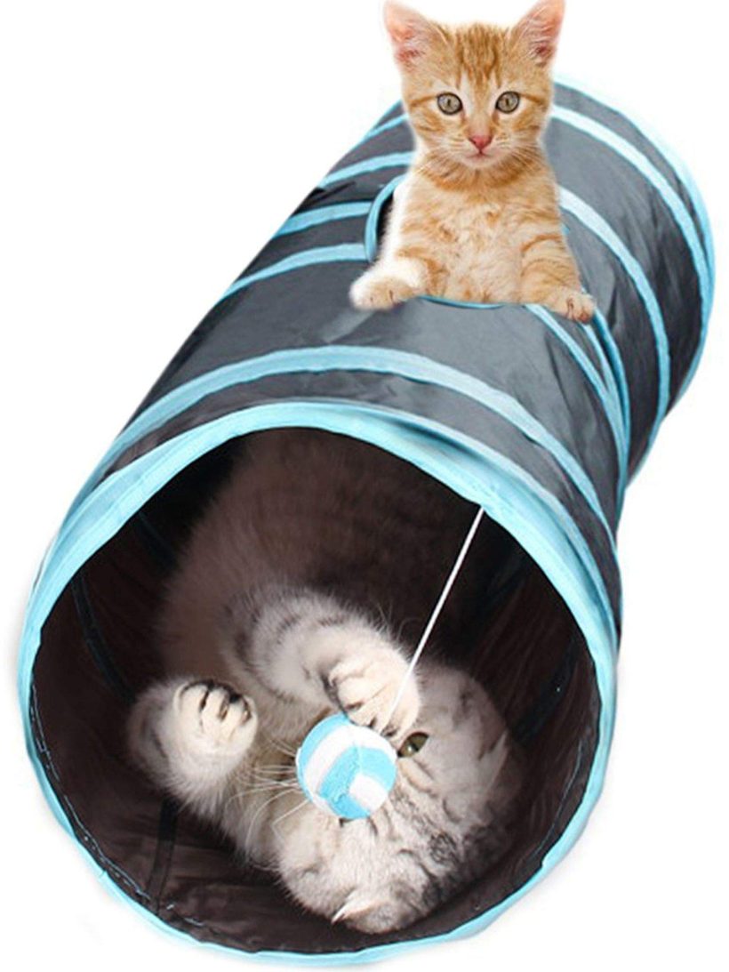 Collapsible Cat Play Tunnel with Peep Hole and Crinkle Ball for Puzzle, Exercising