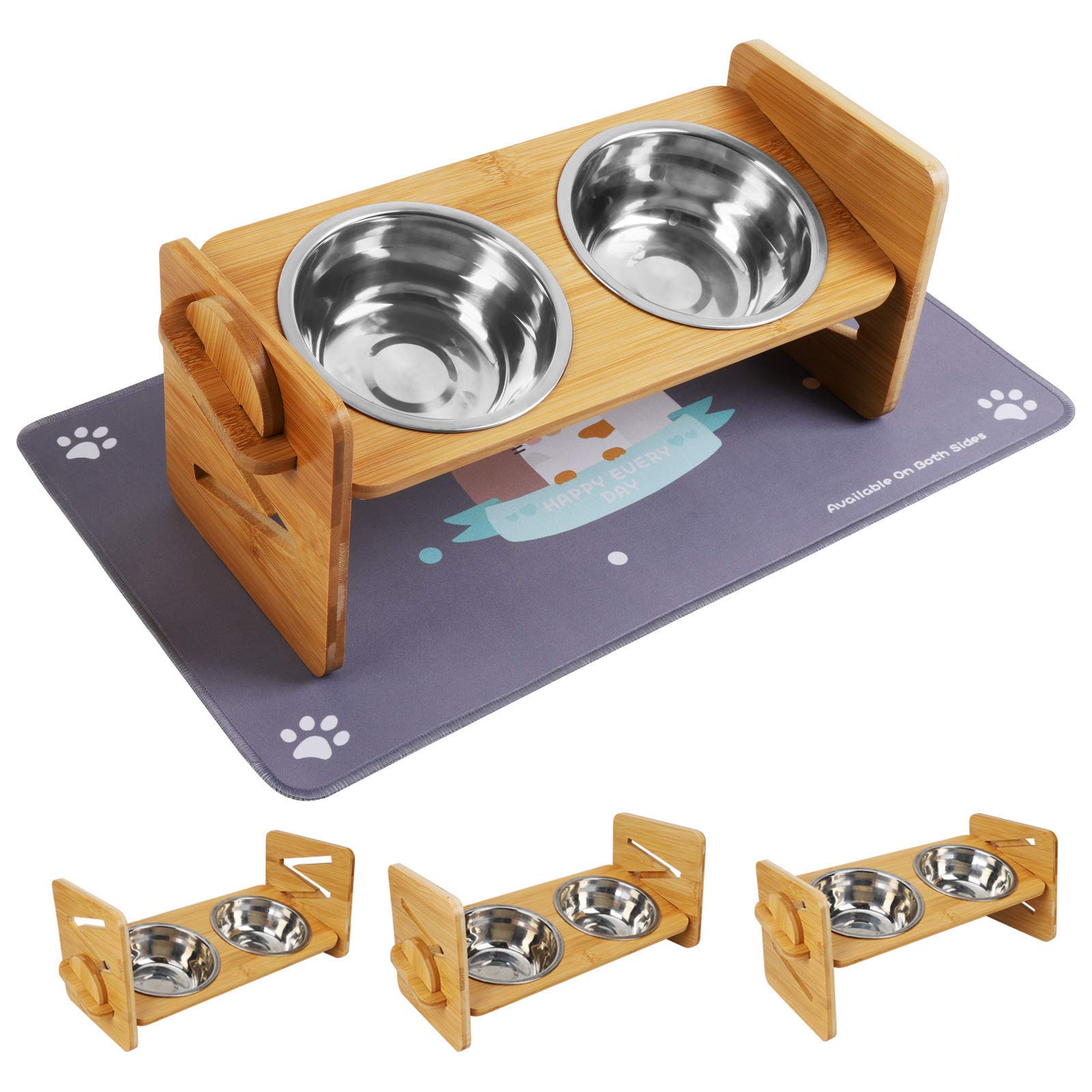 Adjustable Elevated Dog Cat Food and Water Bowl Stand