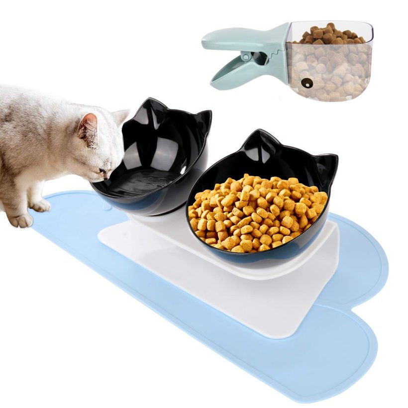 Elevated Cat Bowls with Cat Feeding Mat and Scoop