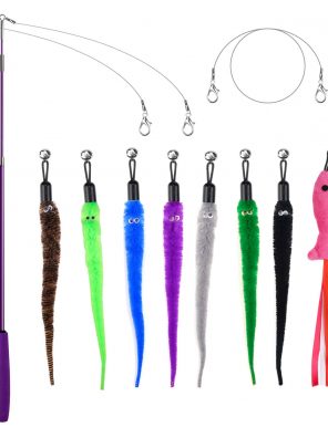 Feather Teaser Cat Toy Wand with 8 Assorted Teaser