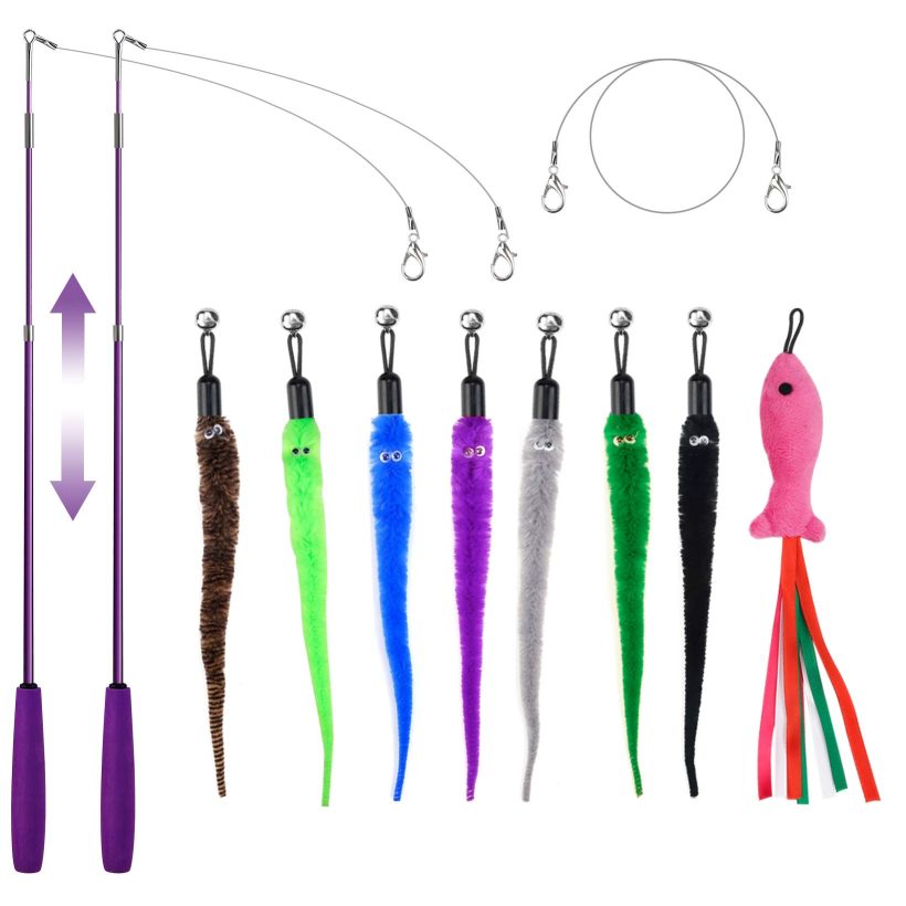 Feather Teaser Cat Toy Wand with 8 Assorted Teaser