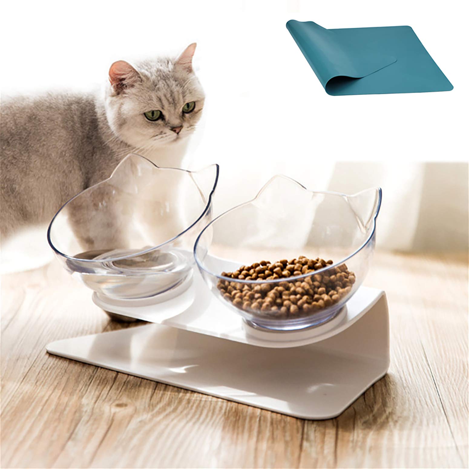 15°Elevated Cat Food Bowls with Silicone Pet Mat