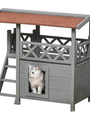 Wooden Cat House Shelter with Balcony