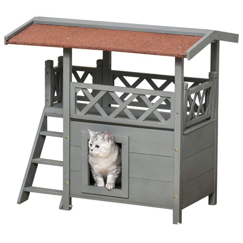 Wooden Cat House Shelter with Balcony