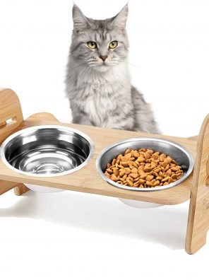 Solid Bamboo Frame Raised Cat Food Bowls Anti Vomiting