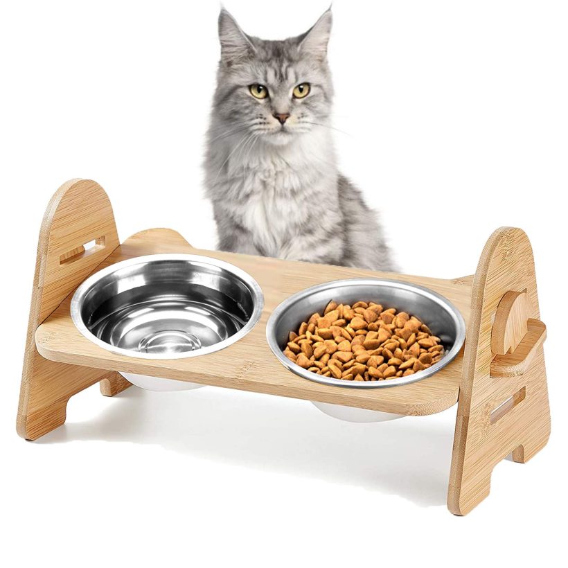 Solid Bamboo Frame Raised Cat Food Bowls Anti Vomiting