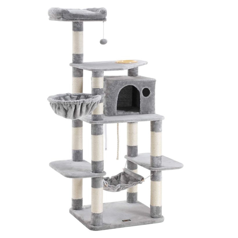 Cat Tree with Feeding Bowl with Sisal Poles, Hammock and Cave