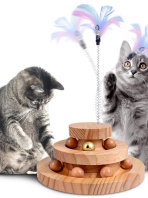 Wood Ball Track Top Feather Wand with Bells for Kitten