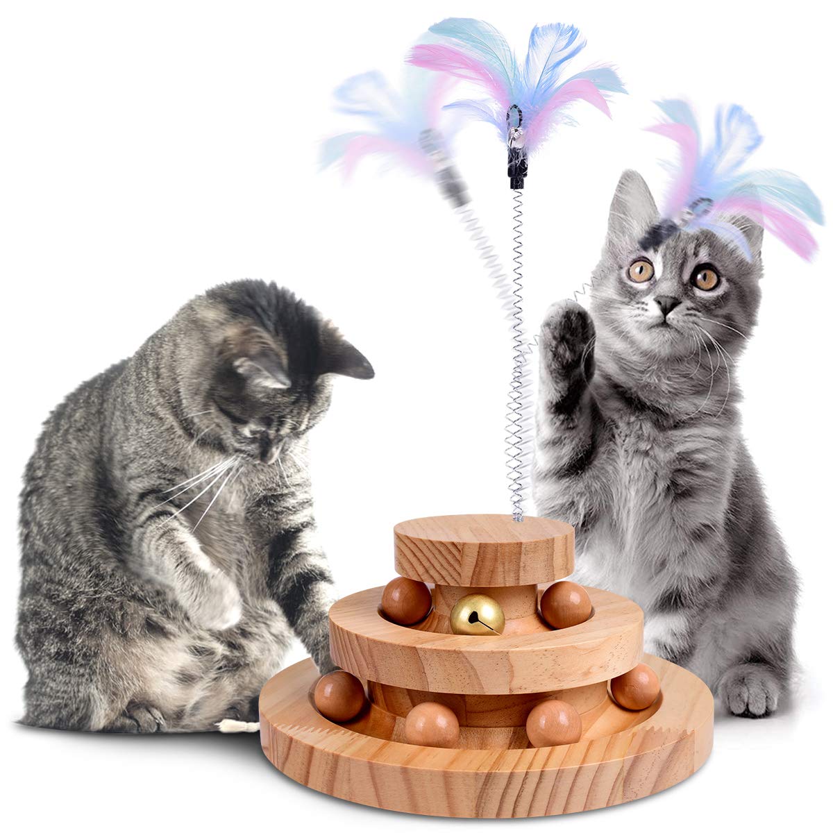 Wood Ball Track Top Feather Wand with Bells for Kitten