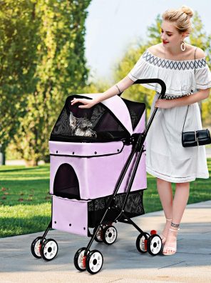 Cats One-Click Folding Pet Stroller with Storage Basket