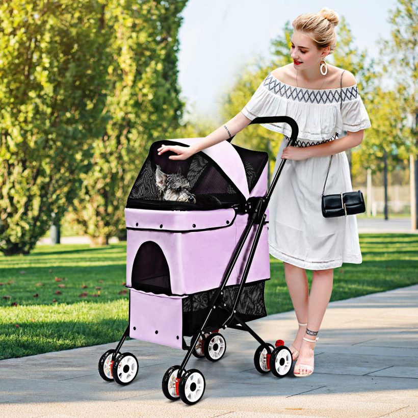 Cats One-Click Folding Pet Stroller with Storage Basket