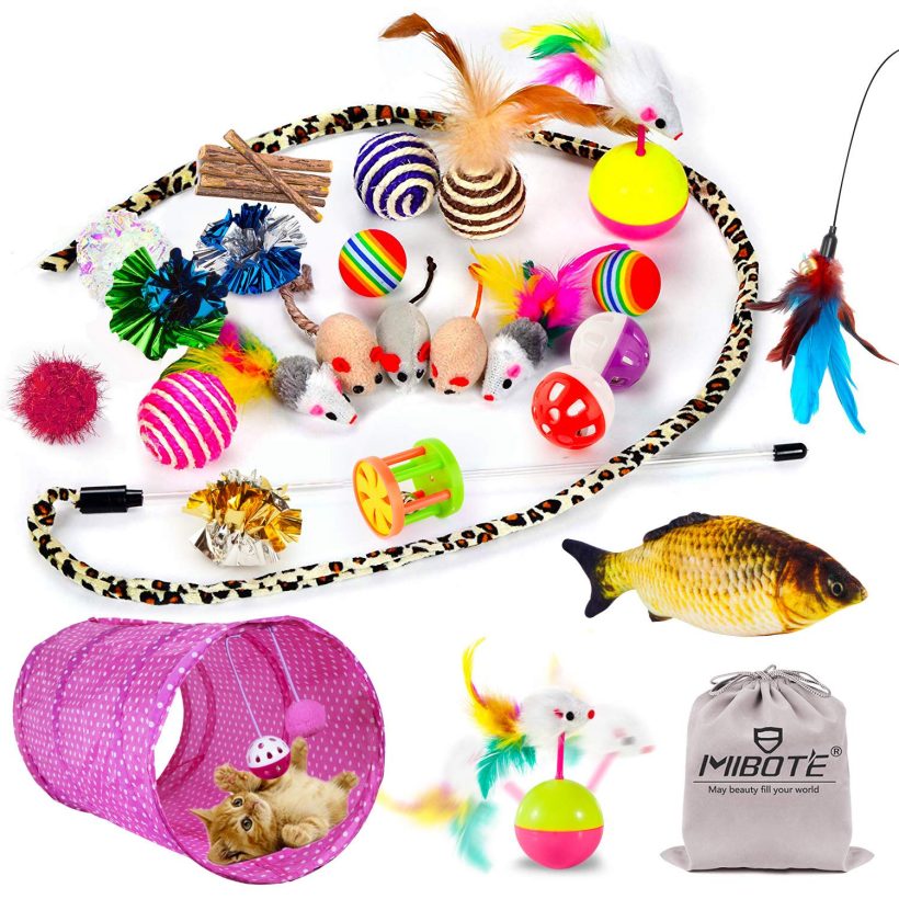 30 Pcs Assorted Cat Toys Set featuring colorful fish, mice, feather teaser wand, and a collapsible tunnel – designed for hours of fun for your feline friend