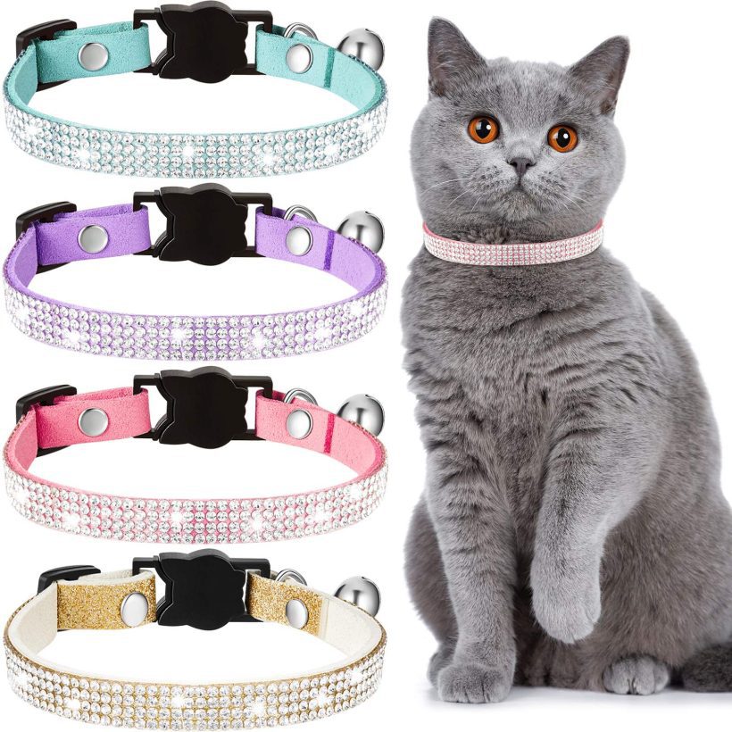 Weewooday 4 Pieces Rhinestones Cat Collars