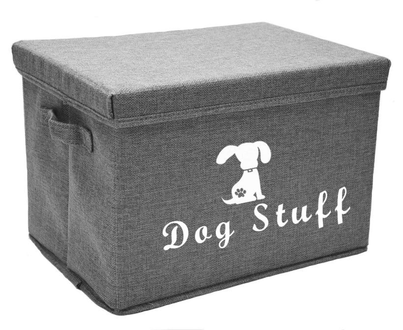 Collapsible Gray Canvas 15"x10" inch Storage Basket Bin Organizer with Lid for Organizing Large Dog and Cat Toys and Accessories.