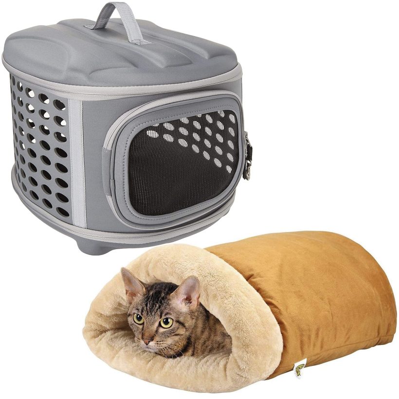 Collapsible Carrier & Pet Magasin Self Warming Cat Cave Bundle